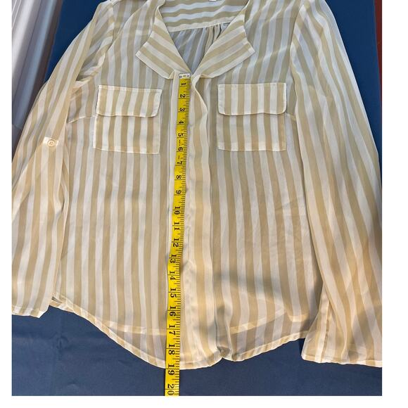 Charming Charlie Sheer Striped Collared Roll Up Sleeve Blouse White/Yellow Sz L - Picture 6 of 8